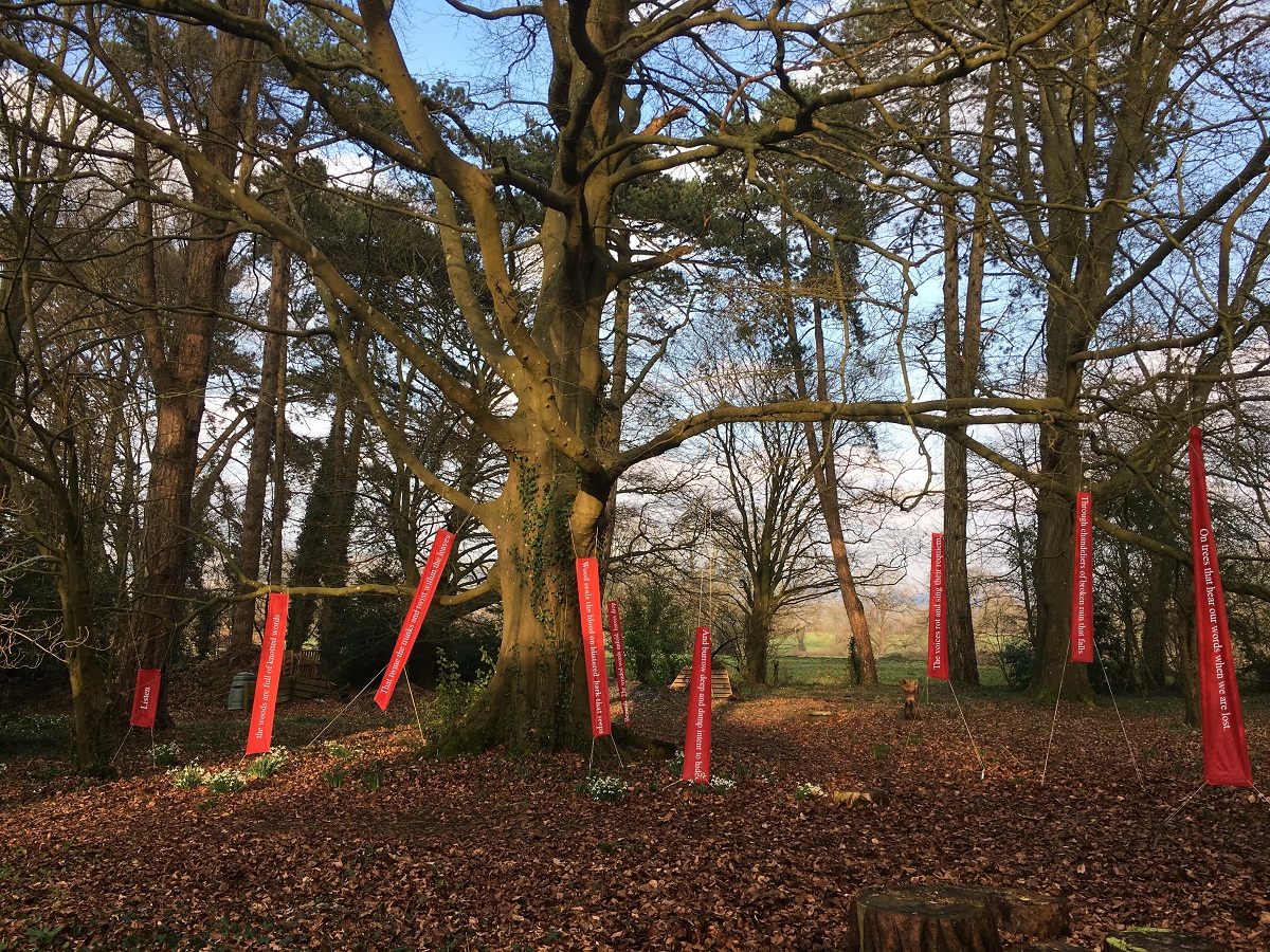 Photo showing our mockup of poetry banners in a tree in my Dad's garden.